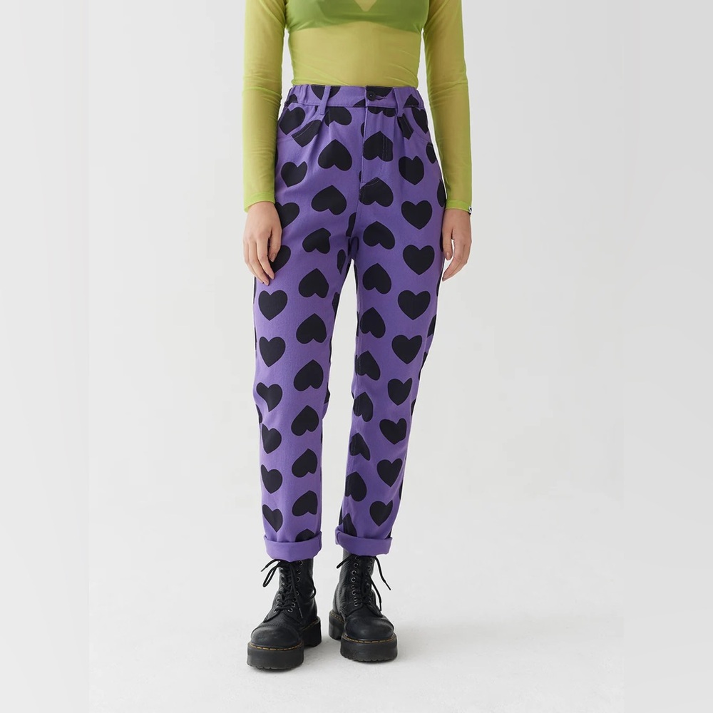 Lazy Oaf Purple Heart Print Cropped Jeans